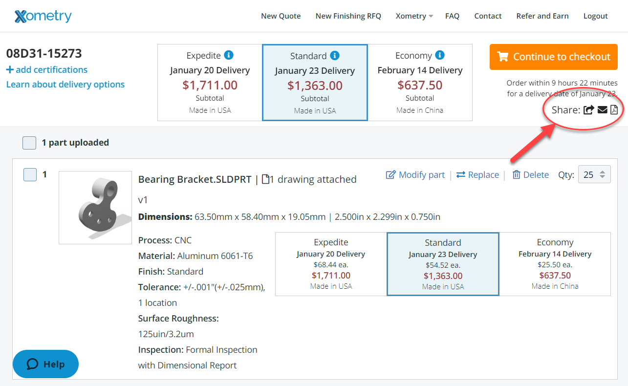 Quoting Sharing Options on Xometry