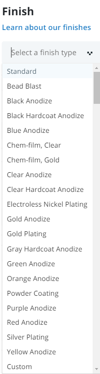21 finishes offered in the online quoting platform dropdown menu