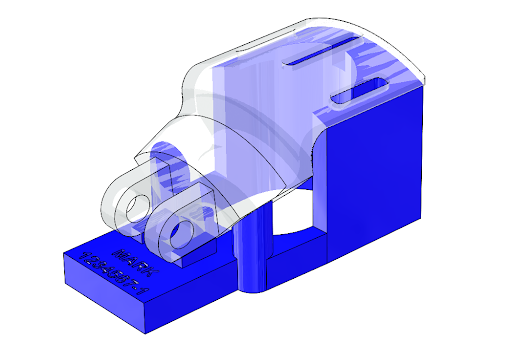 A 3D printable jig (blue) designed to hold a part in place (translucent gray) for consistent marking