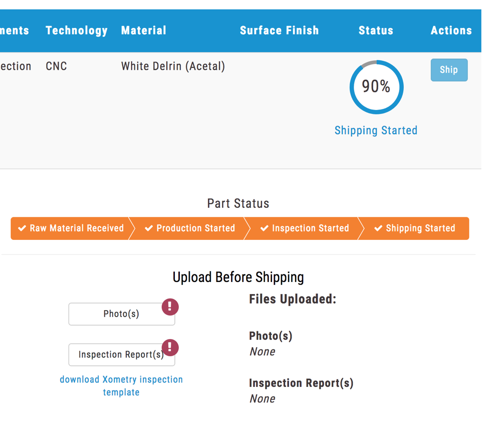 Xometry partner job details ship button