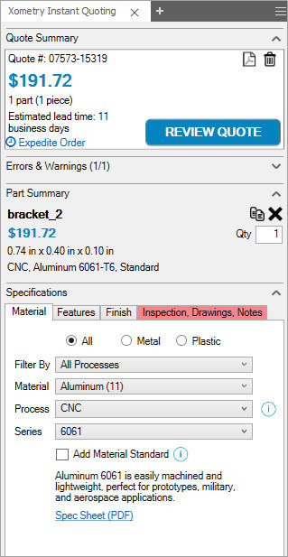 Xometry Instant Quoting Engine Add-In for Autodesk Inventor - Add-In Panel