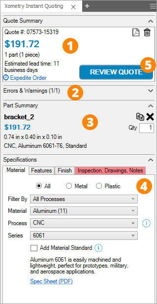 Xometry Instant Quoting Engine Add-In for Autodesk Inventor - Add-In Panel (Annotated)