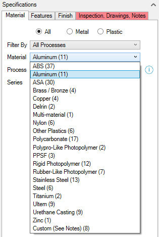 Xometry Instant Quoting Add-In for Autodesk Inventor - Materials Drop-Down