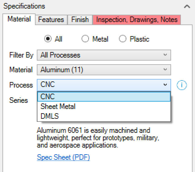 Xometry Instant Quoting Engine Add-In for Autodesk Inventor - Material Tab with Process Drop-Down Open