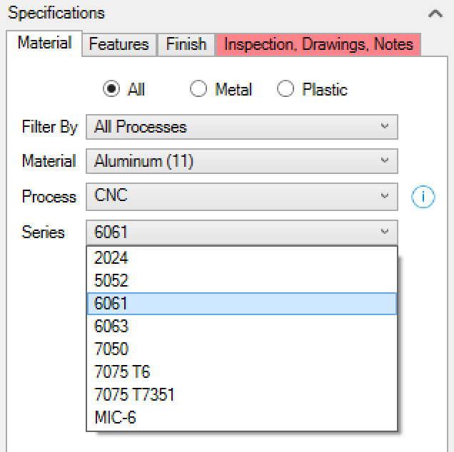 Xometry Instant Quoting Engine Add-In for Autodesk Inventor - Material Tab with Series Drop-Down Open
