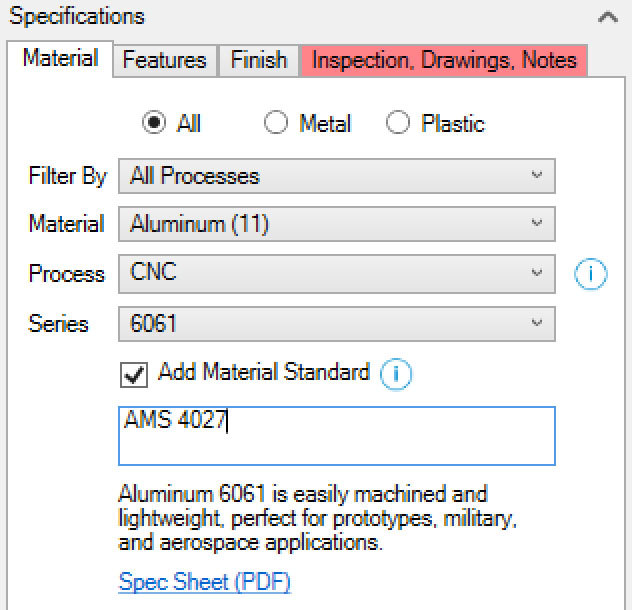 Xometry Instant Quoting Engine Add-In for Autodesk Inventor - Material Tab with Add Material Standard Checked and AMS 4027 Entered