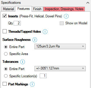 Xometry Instant Quoting Engine Add-In for Autodesk Inventor - Features Tab with Inserts Checked