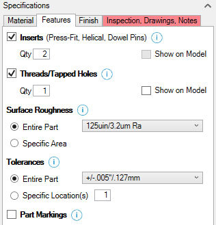 Xometry Instant Quoting Engine Add-In for Autodesk Inventor - Features Tab with Inserts and Threads/Tapped Holes Checked