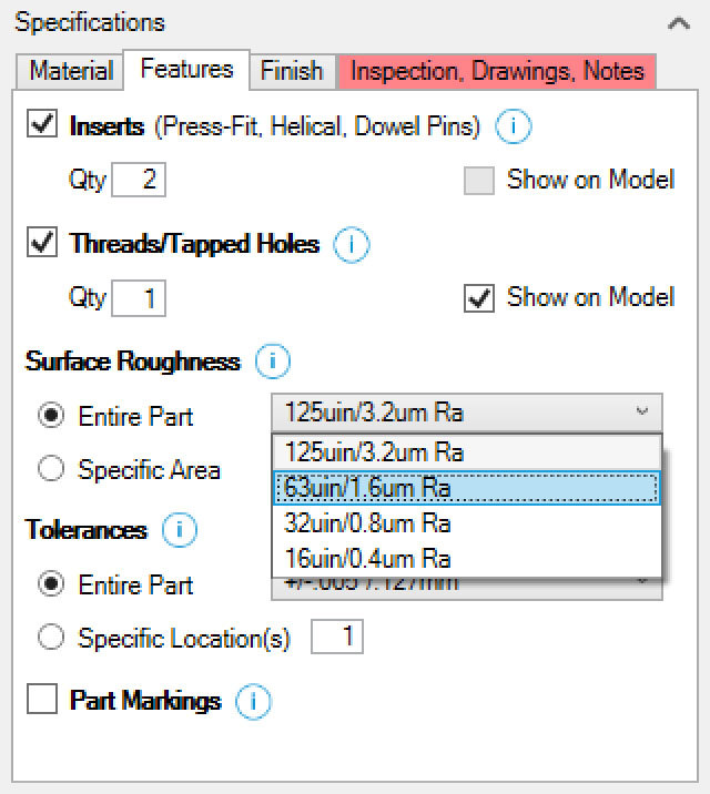 Xometry Instant Quoting Engine Add-In for Autodesk Inventor - Features Tab with Inserts and Threaded/Tapped Holes Checked, Surface Roughness Drop-Down Open