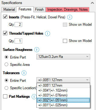 Xometry Instant Quoting Engine Add-In for Autodesk Inventor - Features Tab with Inserts and Threads/Tapped Holes Checked, Tolerance Drop-Down Open