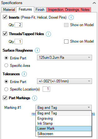 Xometry Instant Quoting Engine Add-In for Autodesk Inventor - Features Tab with Inserts, Threads/Tapped Holes, and Part Markings Checked, Marking #1 Drop-Down Open