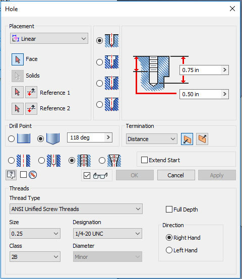 Xometry Instant Quoting Engine Add-In for Autodesk Inventor - Hole Feature Window