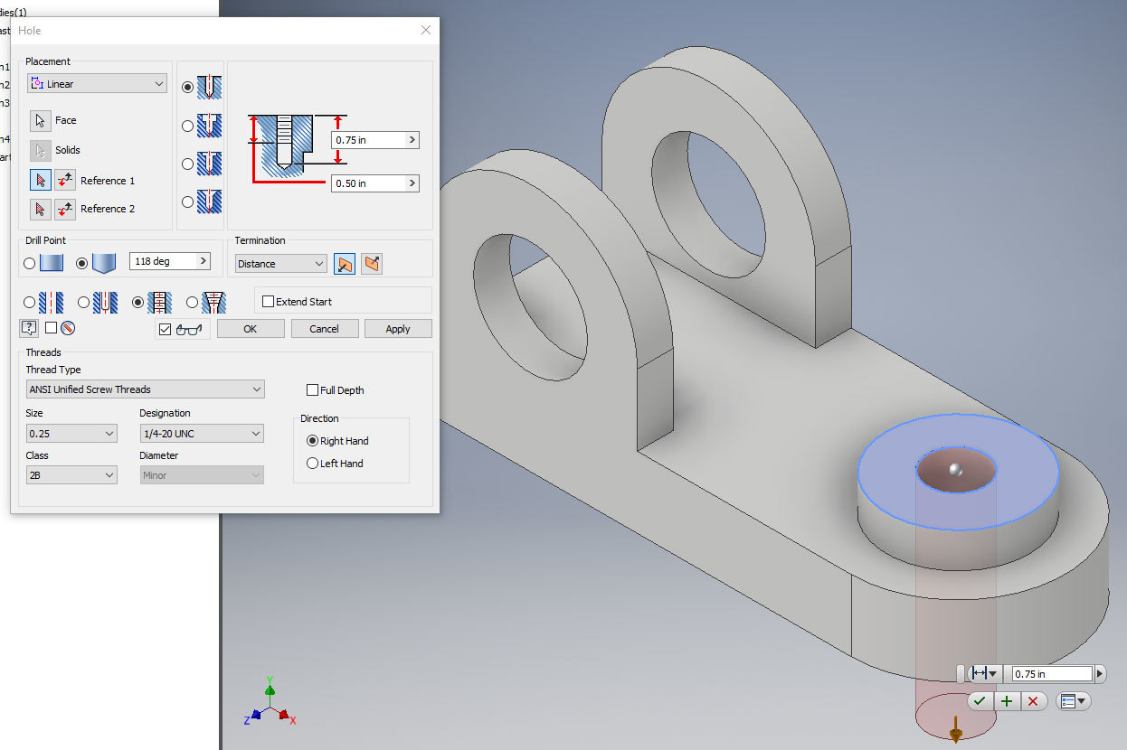 Xometry Instant Quoting Engine Add-In for Autodesk Inventor - Hole Feature Window Over Simple Bracket Part Model