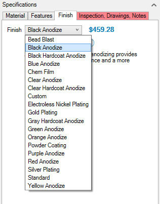 Xometry Instant Quoting Engine Add-In for Autodesk Inventor - Finish Tab with Finish Drop-Down