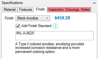 Xometry Instant Quoting Engine Add-In for Autodesk Inventor - Finish Tab with Add Finish Standard Checked and MIL-A-8625 Standard Entered