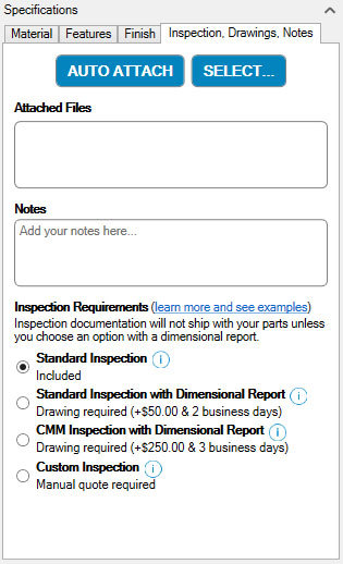 Xometry Instant Quoting Engine Add-In for Autodesk Inventor - Inspection, Drawings, Notes Tab