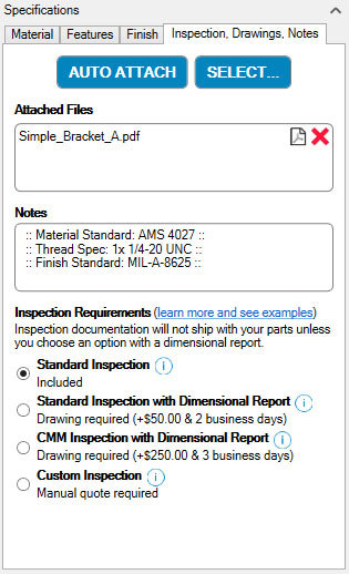 Xometry Instant Quoting Engine Add-In for Autodesk Inventor - Inspection, Drawings, Notes Tab with Drawing Attached and Notes Entered