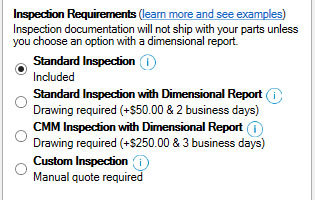 Xometry Instant Quoting Engine Add-In for Autodesk Inventor - Inspection Requirements Options