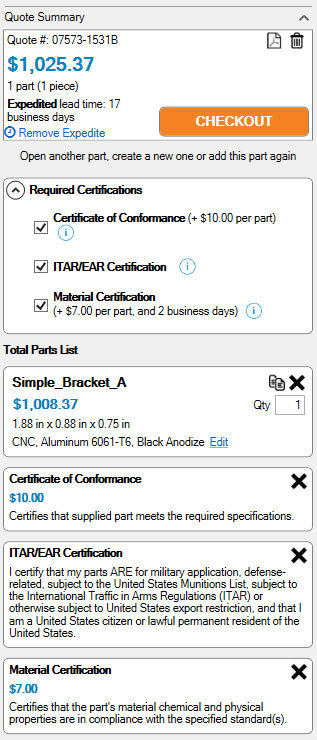 Xometry Instant Quoting Engine Add-In for Autodesk Inventor - Add-In Panel with Certifications Applied