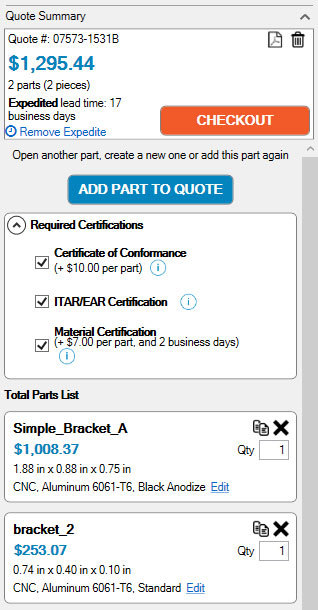 Xometry Instant Quoting Engine Add-In for Autodesk Inventor - Add-In Panel with Second Part Attached