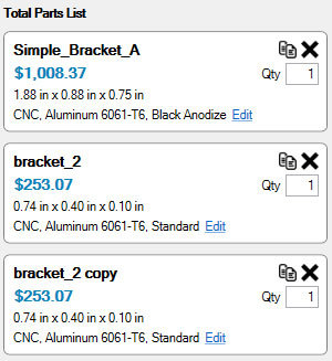 Xometry Instant Quoting Engine Add-In for Autodesk Inventor - Total Parts List with Three Bracket Parts