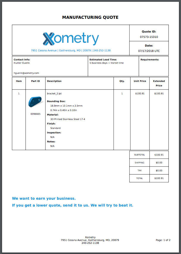 Xometry Instant Quoting Engine Add-In for Autodesk Inventor - PDF Quote
