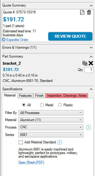 Xometry Instant Quoting Engine Add-In for SOLIDWORKS - Add-In Panel