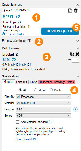 Xometry Instant Quoting Engine Add-In for SOLIDWORKS - Add-In Panel (Annotated)