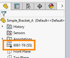 Xometry Instant Quoting Engine Add-In for SOLIDWORKS - Design Tree with Edit Material Button Highlighted