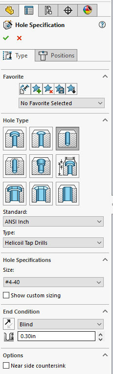 Xometry Instant Quoting Engine Add-In for SOLIDWORKS - HoleWizard with Hole Type: Hole, Standard: ANSI Inch, Type: Helicoil Tap Drills, and Size: #4-40