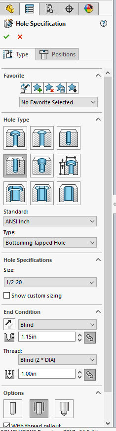 Xometry Instant Quoting Engine Add-In for SOLIDWORKS - HoleWizard with Hole Type: Straight Tap, Standard: ANSI Inch, Type: Bottom Tapped Hole, and Size: 1/2-20 Selected