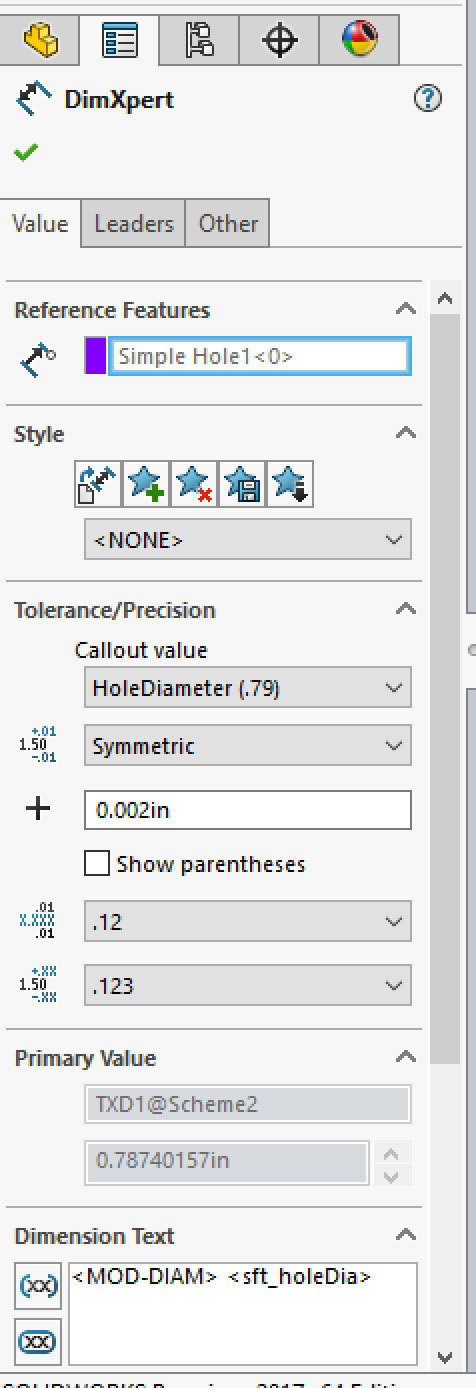 Xometry Instant Quoting Engine Add-In for SOLIDWORKS - DimXpert Manager with Tolerance/Precision Callout Value: Symmetric .002, Dimension Precision: .123, and Tolerance Precision: .123