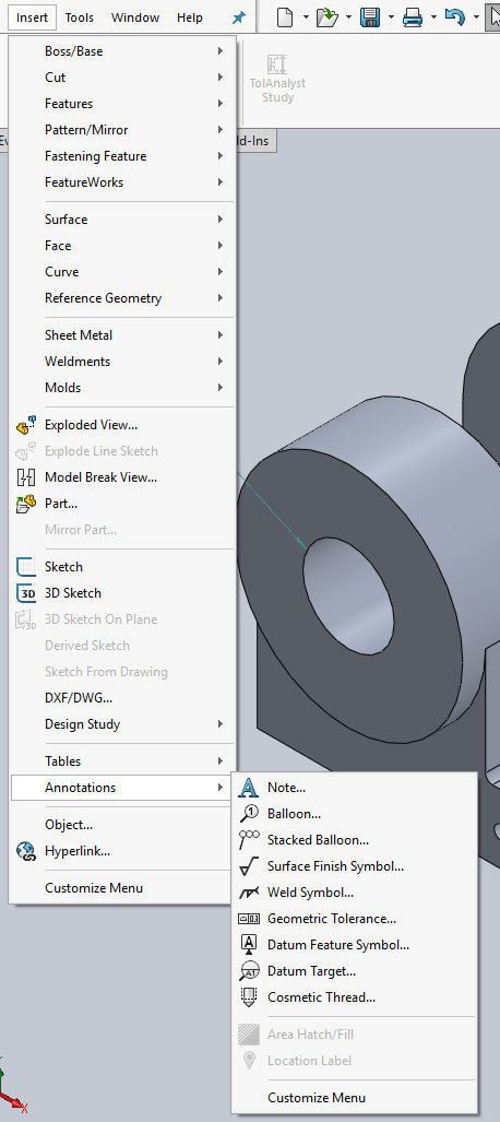 Xometry Instant Quoting Engine Add-In for SOLIDWORKS - Insert Menu Open with Annotations Sub-Menu Hightlighted