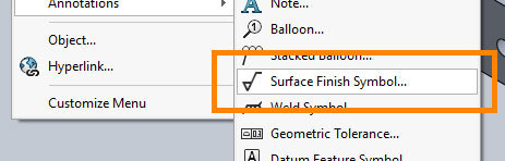 Xometry Instant Quoting Engine Add-In for SOLIDWORKS - Surface Finish Symbol Button Highlighted in Annotations Sub-Menu