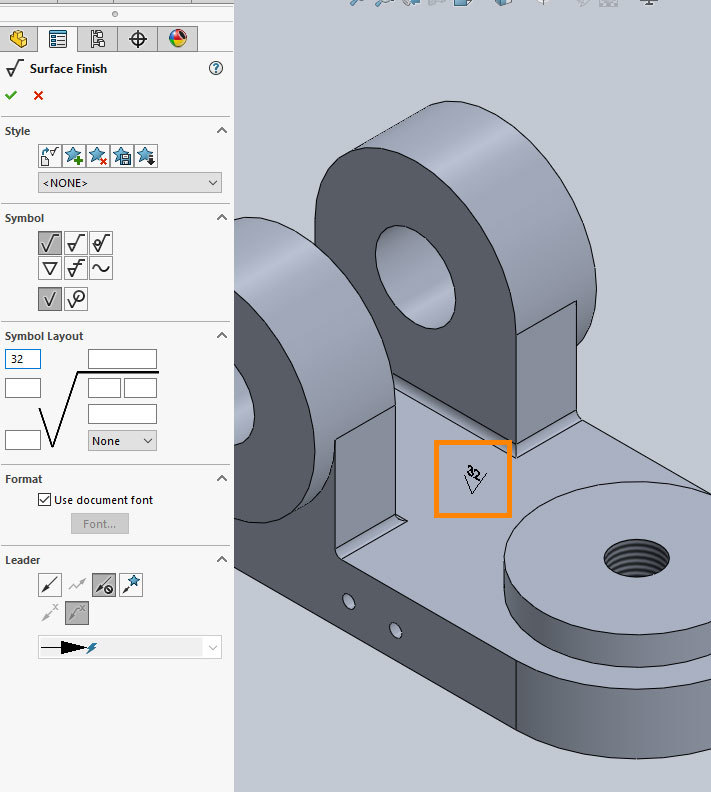 Xometry Instant Quoting Engine Add-In for SOLIDWORKS - Positioning Surface Roughness Annotation on Simple Bracket Model