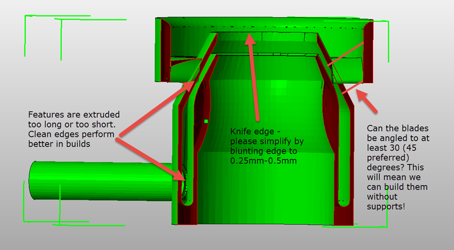 The feedback begins – we contacted the customer with initial feedback on the files to see where it could be improved for manufacturability. The ultimate goal of this is to make the part build more predictably and consistent over-and-over using our process.