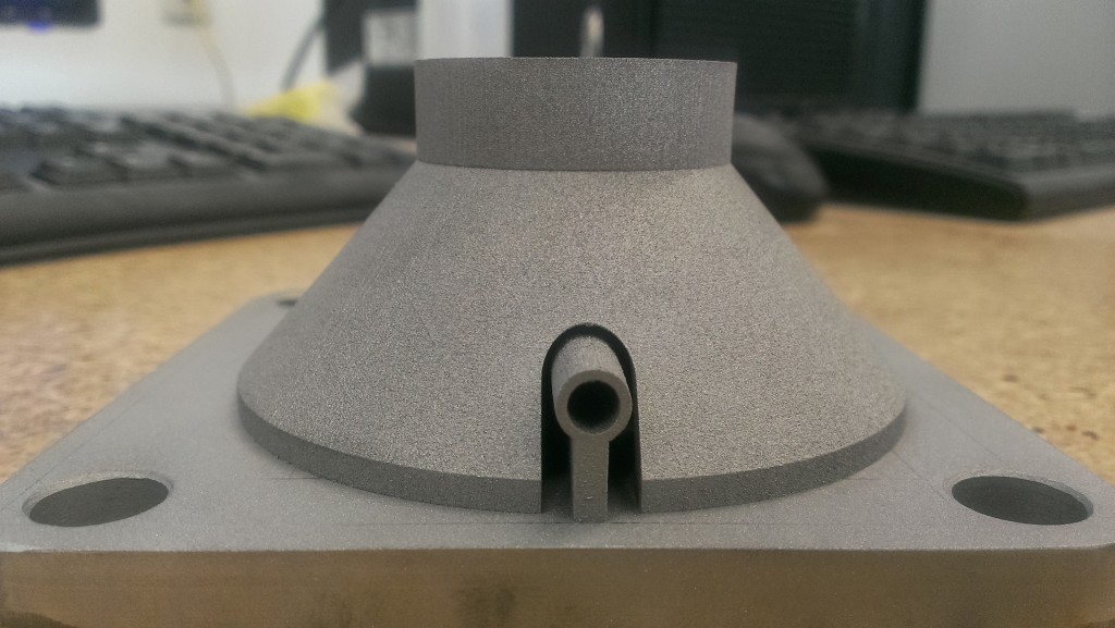 A view from the front – note that the perpendicular tube needed support. We debated tilting the piece (so the tube would be at a 45 degree angle) but felt this orientation reduced the risk to the critical fin features.