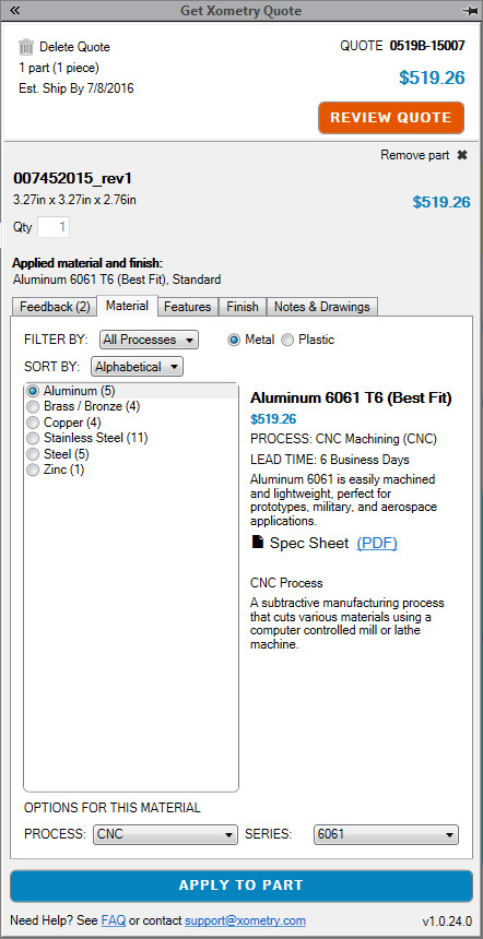 Xometry SOLIDWORKS Add-In Screenshot