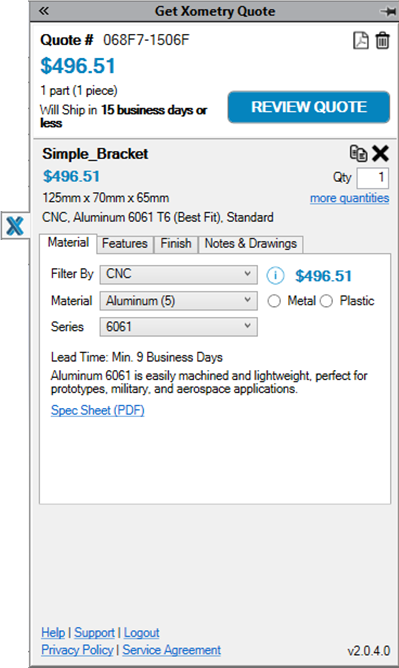 Xometry Instant Quoting Add-In for SOLIDWORKS